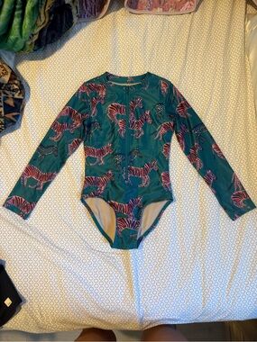 Tea Collection Teal Long-Sleeve One-Piece with Pink Zebra Print